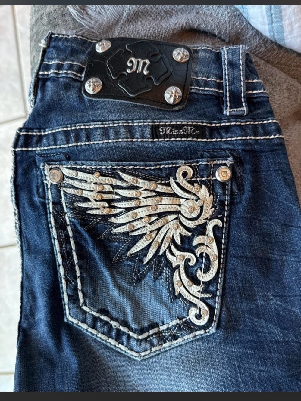 Miss Me Dark Blue Denim Jeans with Silver Embellished Wing Pocket